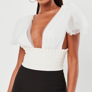 White tulle and leather crop top